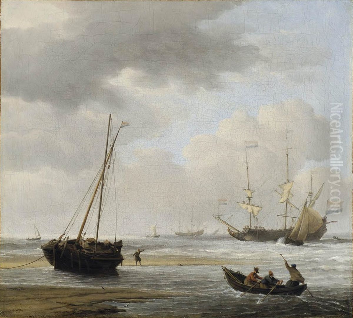 Coast scene with war ships and fishermen; marine Oil Painting by Willem van de Velde the Younger
