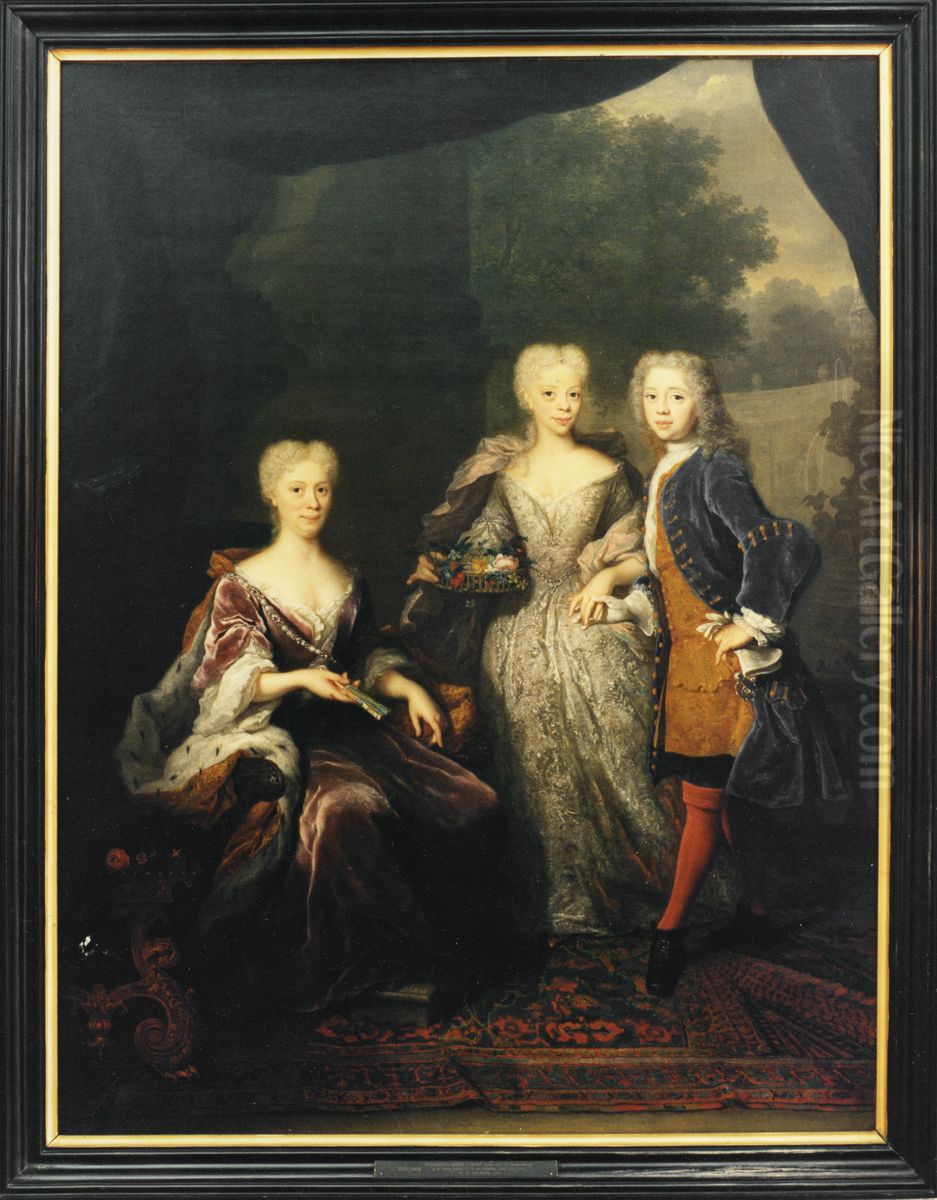 Marie Louise , 1688-1765, Princess of Hesse-Kassel, married to John William Friso of Nassau-Dietz and of Orange, with her children Anne Charlotte Amelie and Willem Karel Hendrik Friso Oil Painting by Arnold Boonen