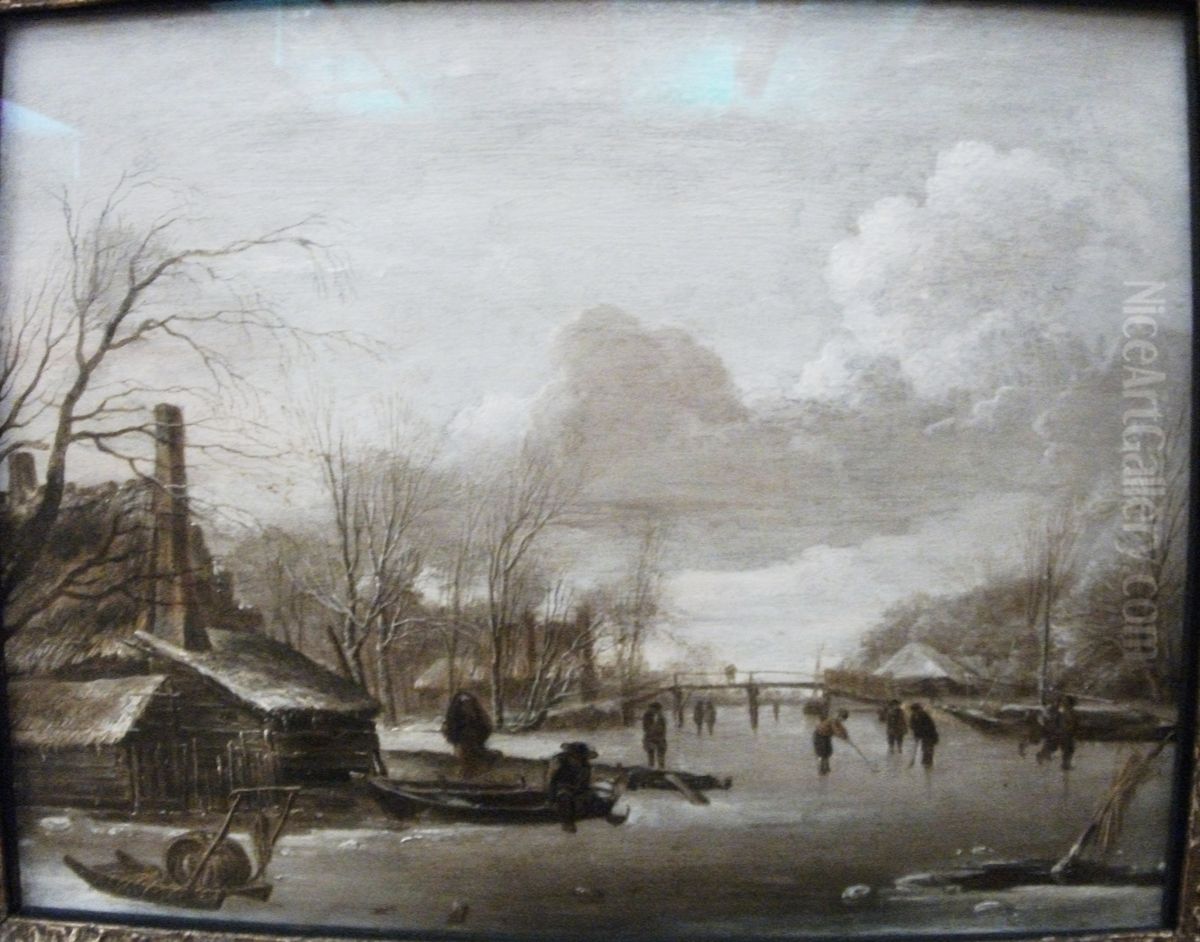 Winter Scene with Thatched Cottages and a Frozen River Spanned by a Wooden Bridge Oil Painting by Jan Van De Cappelle