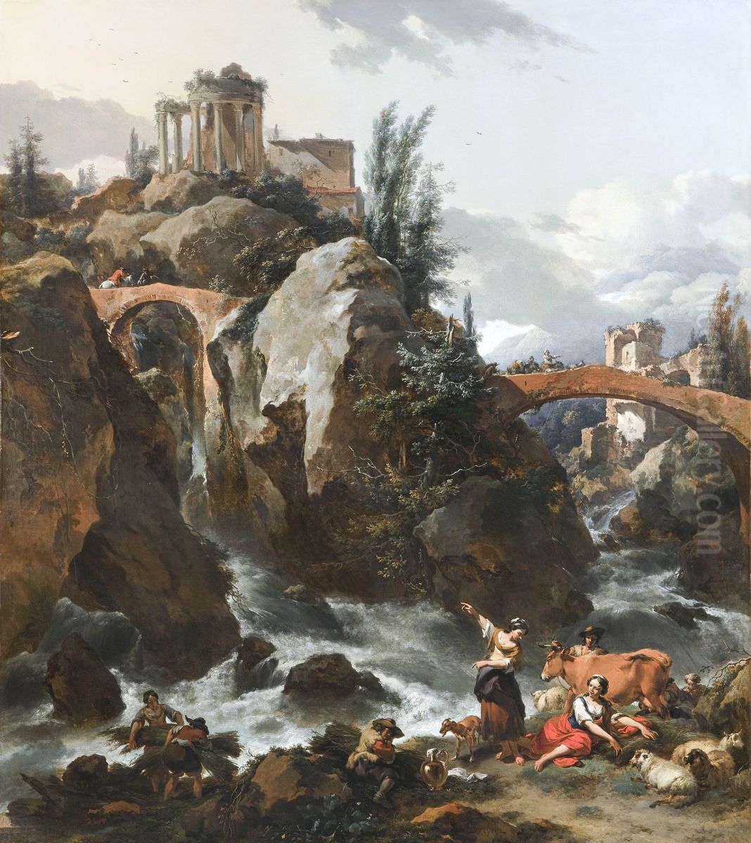Landscape with a waterfall and the Temple of the Sibyl at Tivoli Oil Painting by Nicolaes Pieterszoon Berchem