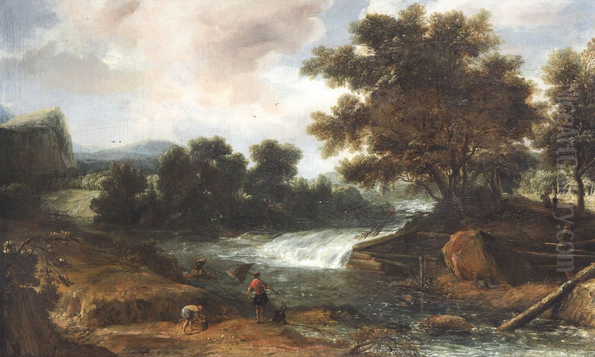 Mountain landscape with waterfall Oil Painting by Roelant Roghman