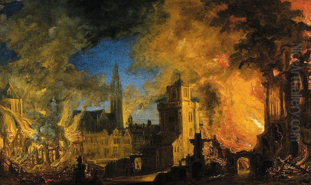 Fire at the powder factory in Antwerp Oil Painting by Daniel van Heil