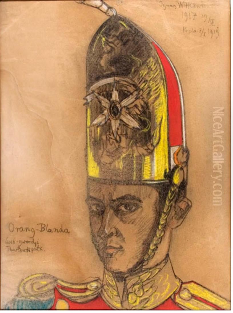 Self-portrait in a a Guard's Shako Oil Painting by Stanislaw Ignacy Witkiewicz (Witkacy)