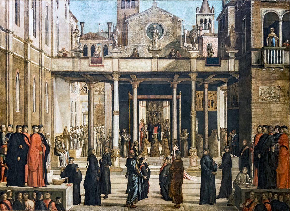 The Relic of the Holy Cross is offered to the Scuola Grande di San Giovanni Evangelista Oil Painting by Lazzaro Bastiani