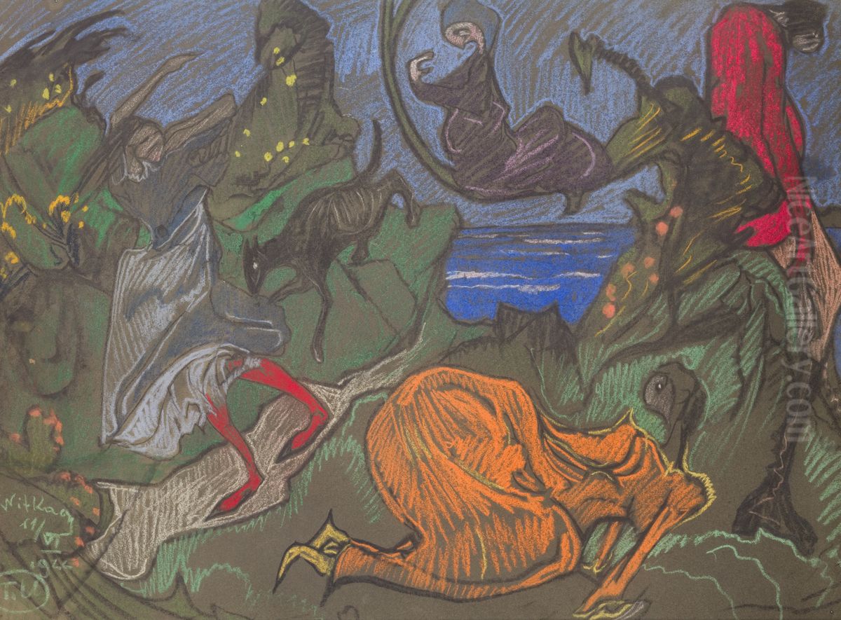 Composition with figures running around Oil Painting by Stanislaw Ignacy Witkiewicz (Witkacy)