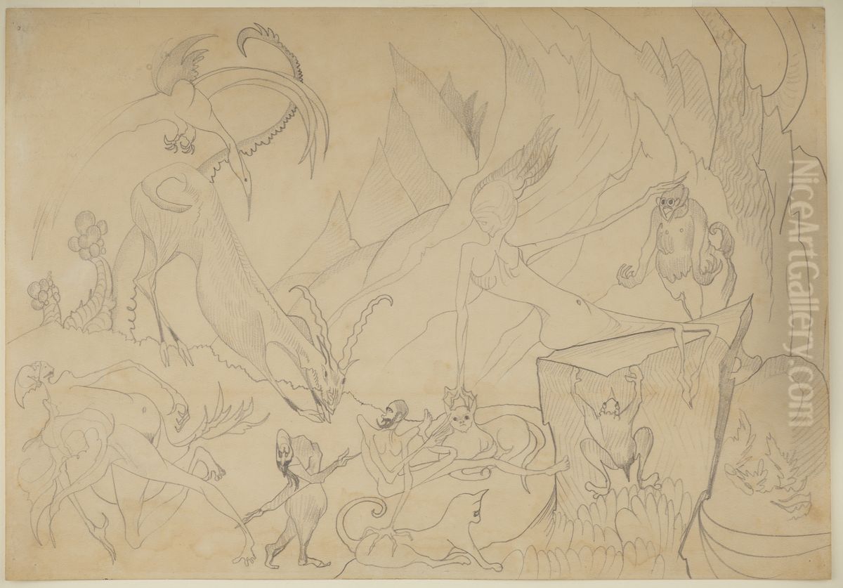 Composition - fantastic figures and animals with a landscape in the background Oil Painting by Stanislaw Ignacy Witkiewicz (Witkacy)