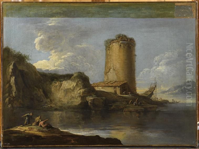 Paysage avec une tour et une barque en construction Oil Painting by Salvator Rosa