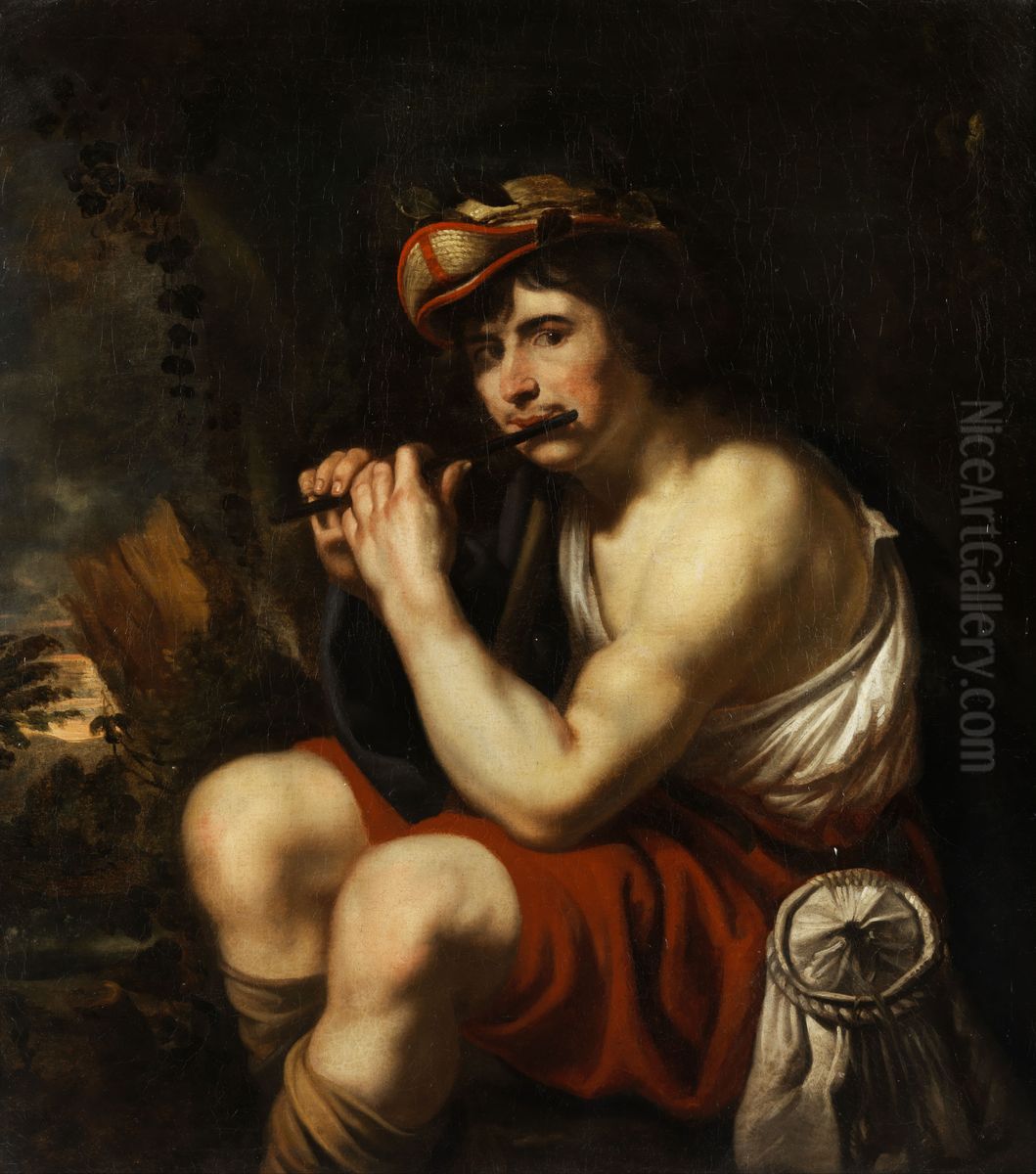 Young musician with a traverse flute Oil Painting by Jan Cossiers