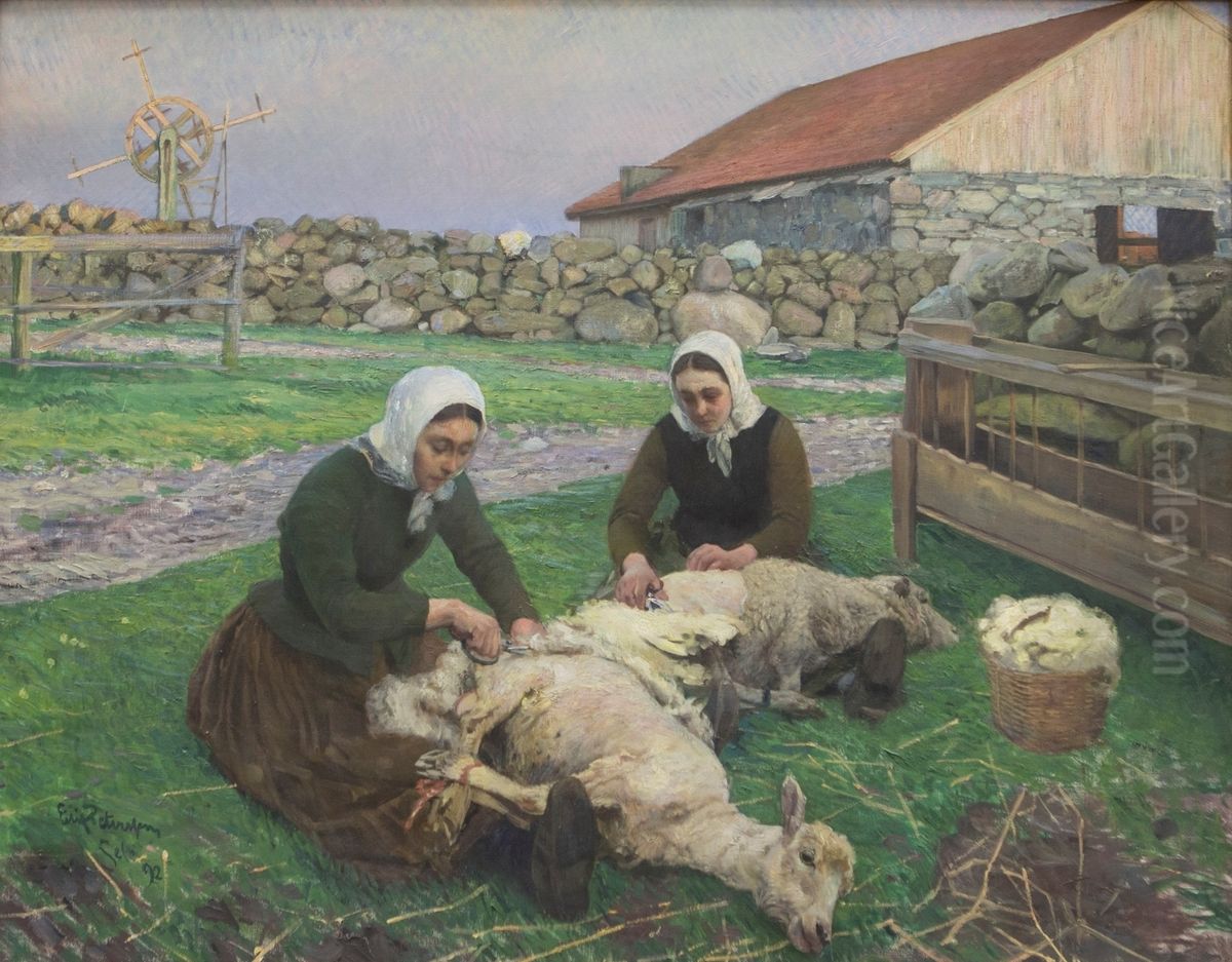 Shearing Sheep Oil Painting by Eilif Peterssen
