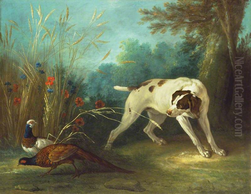 Dog Pointing Pheasants Oil Painting by Jean-Baptiste Oudry