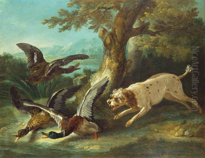 Spaniel Pursuing Ducks Oil Painting by Jean-Baptiste Oudry