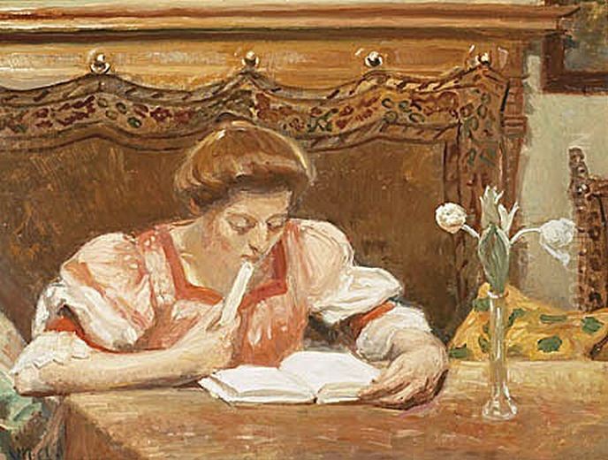 Interior med laesende pige. Oil Painting by Michael Peter Ancher