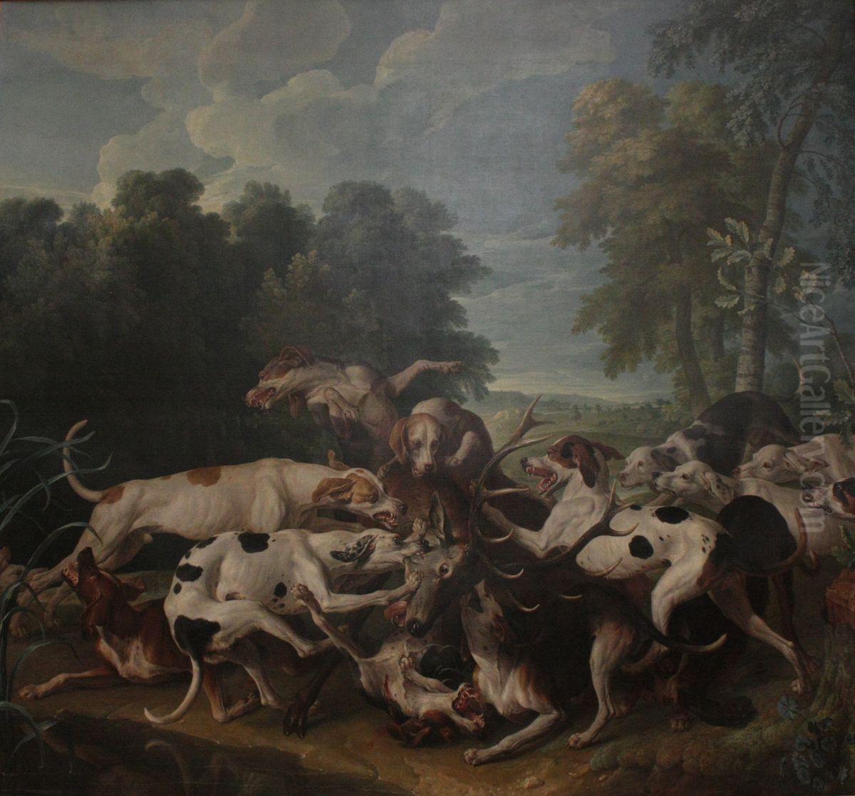Cerf aux abois atteint par la meute, dit aussi Hallali de cerf Oil Painting by Alexandre-Francois Desportes