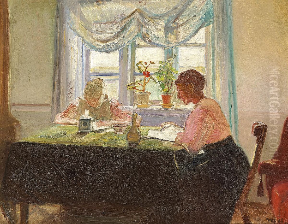 Lektielaesning ved vinduet. Oil Painting by Michael Peter Ancher