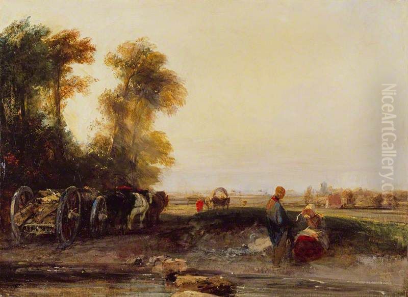 Landscape with Timber Waggon Oil Painting by Richard Parkes Bonington