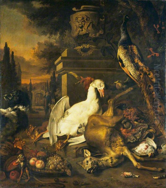 Peacock, Dead Game and Monkey Oil Painting by Jan Weenix
