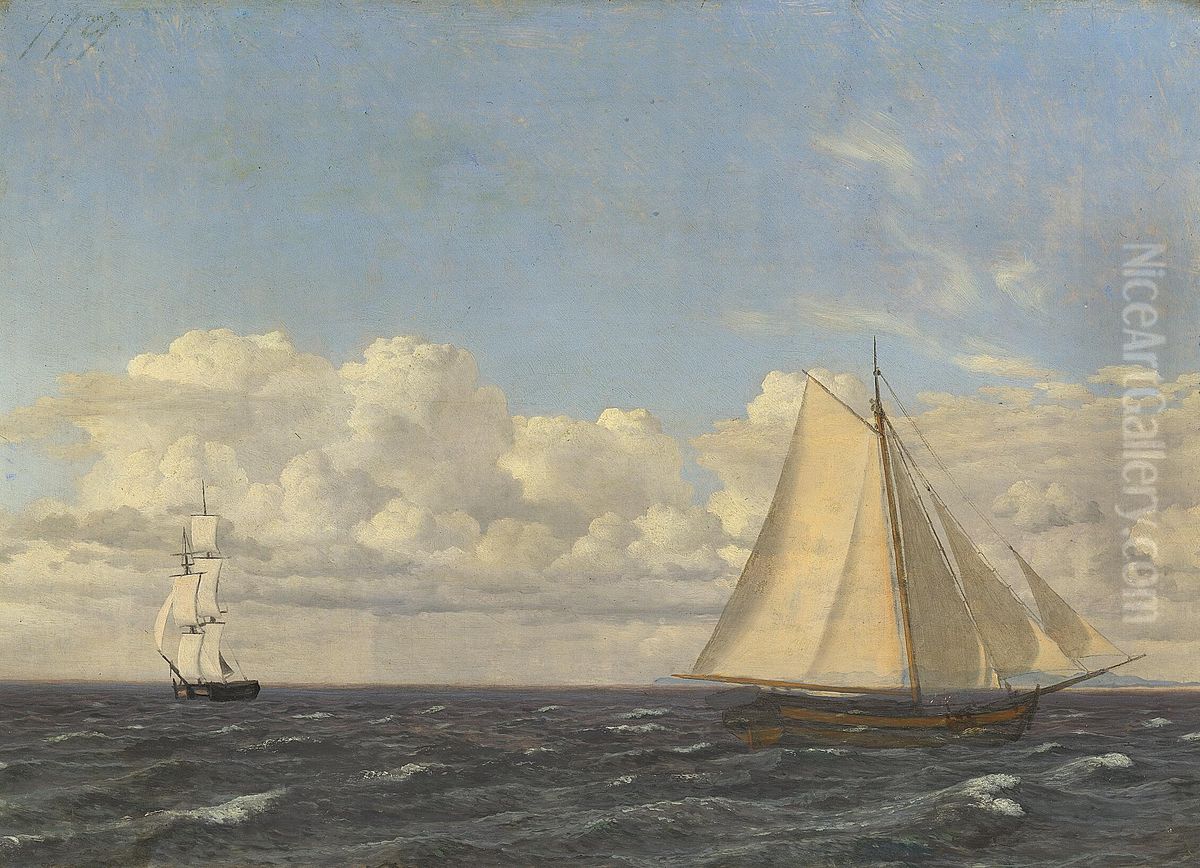 En Jagt og en Brig under Seil. Oil Painting by Christoffer Wilhelm Eckersberg