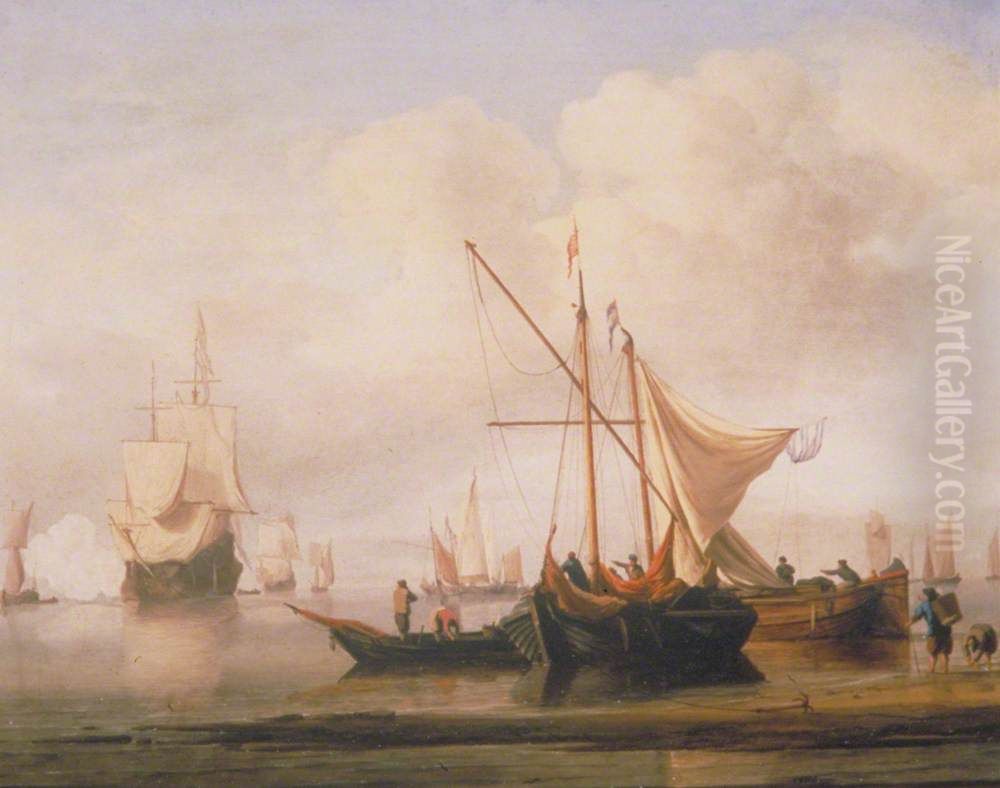 A Kaag and a Smalschip near the Shore Oil Painting by Willem van de Velde the Younger