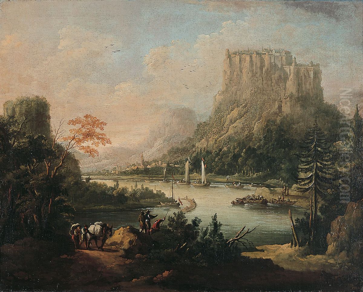 Elbe landscape with the fortress Konigstein Oil Painting by Johann Alexander Thiele