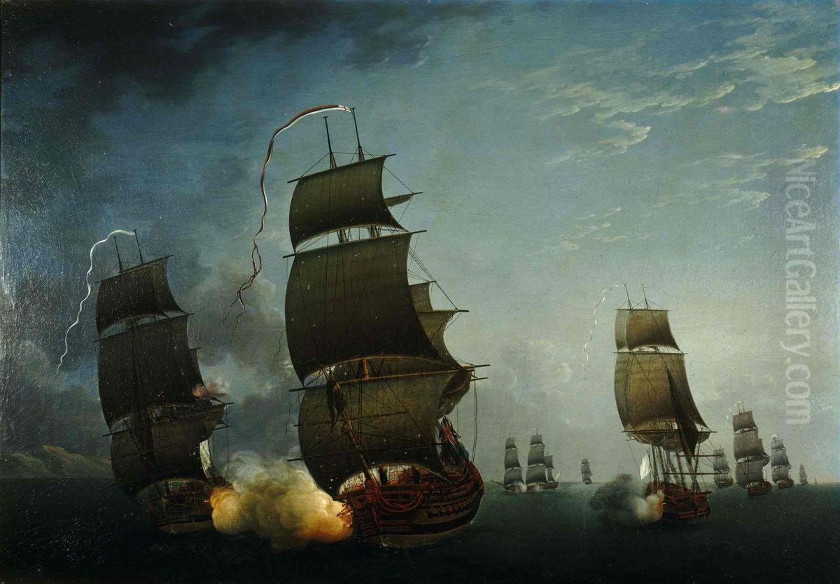 Combat de la Junon et la Gentille contre l'Ardent, 17 aout 1779 Oil Painting by Auguste-Louis de Rossel de Cercy