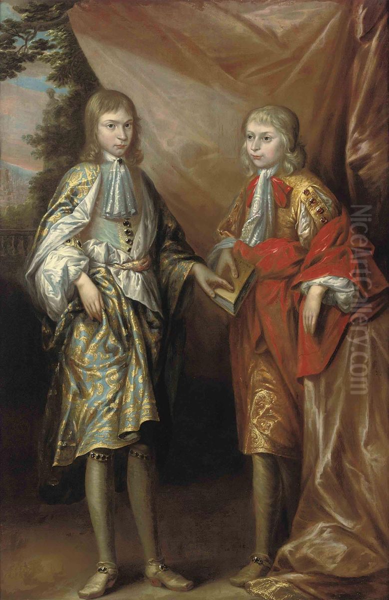 Portrait Of Two Boys, Full-length, One Holding A Book, In Agarden Oil Painting by Robert Byng or Bing