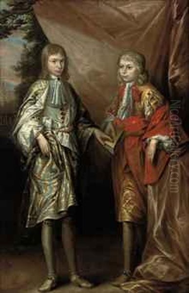 Portrait Of Two Boys, Full-length, One Holding A Book, In A Garden Oil Painting by Robert Byng or Bing