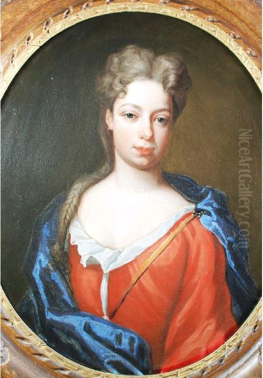Half Length Portrait Of Duchess Of Marlborough With Brown Hair 
And A Long Plait Coming Over Her Right Shoulder Oil Painting by Robert Byng or Bing