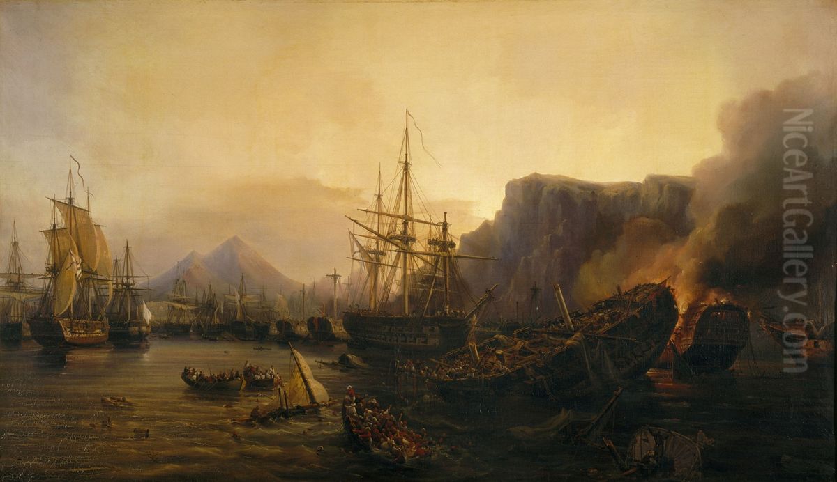 Evening of the Battle of Navarino Oil Painting by Auguste Etienne Francois Mayer