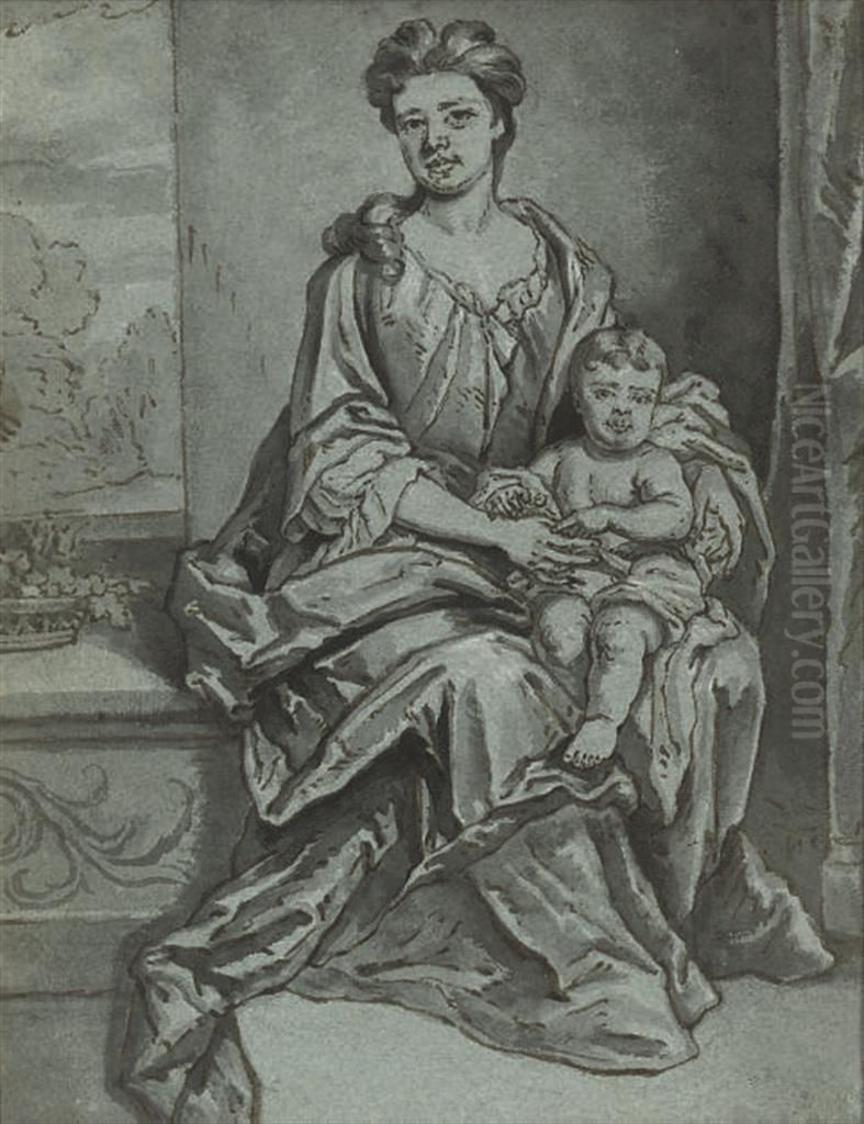 Portrait Of A Lady With A Child On Her Knee Oil Painting by Robert Byng or Bing