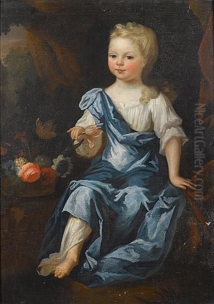 Portrait Of A Young Girl, Seated Full-length, In A White Chemise And A Blue Wrap, With A Basket Of Flowers Oil Painting by Robert Byng or Bing