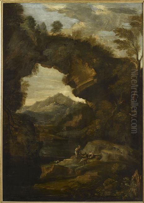 Paysage avec un rocher formant arcade et trois figures Oil Painting by Salvator Rosa