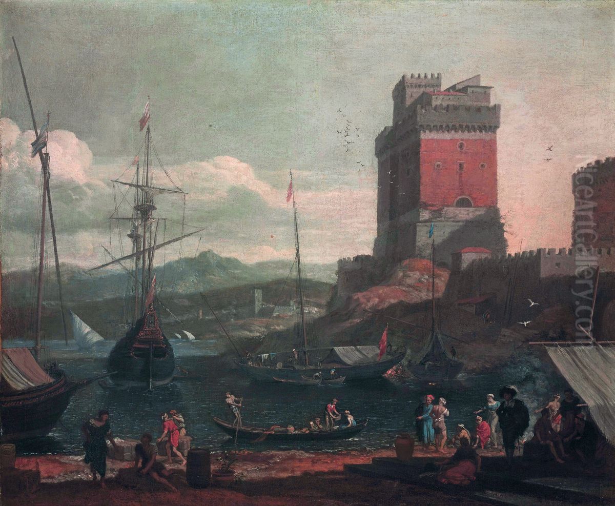 View of a Mediterranean harbor Oil Painting by Adriaen Van Der Cabel