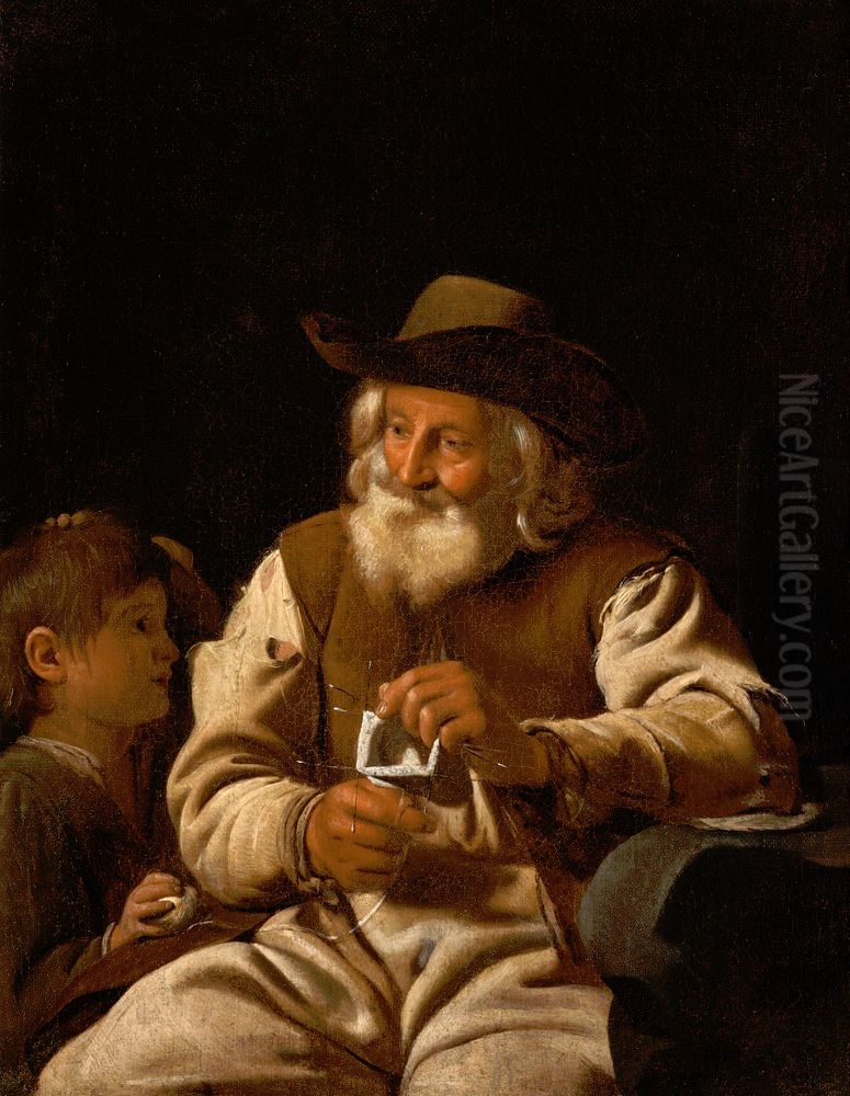 An old man knitting with a boy by his side Oil Painting by Michiel Sweerts