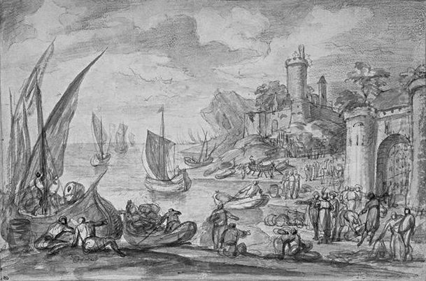 A port, dominated by a fortress Oil Painting by Adriaen Van Der Cabel