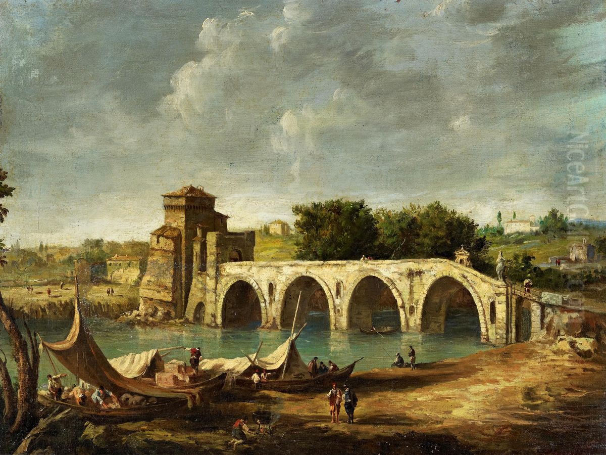 View of the Ponte Milvio with Boats and Travellers Oil Painting by unknown