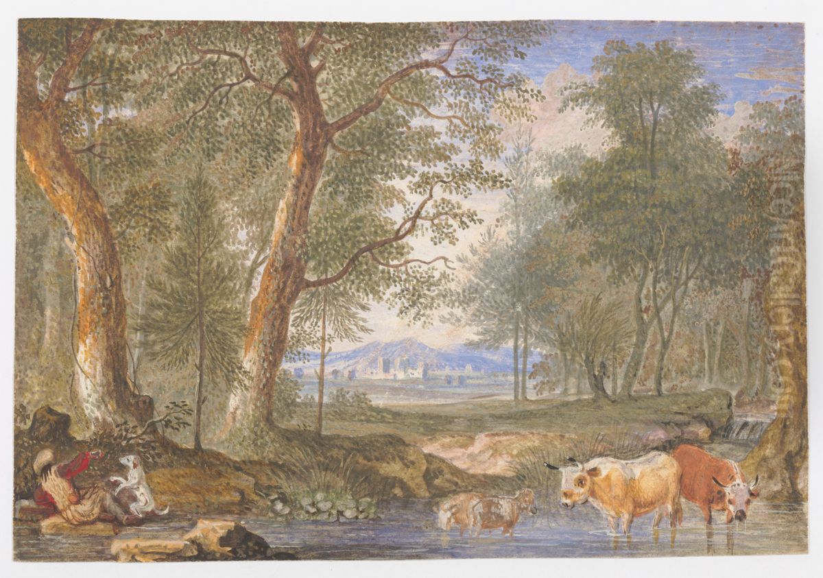 Landscape with Cows in a Brook Oil Painting by Felix Meyer