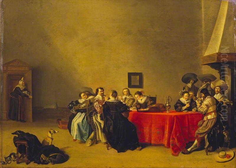 Elegant company playing music, playing cards, smoking and drinking in an interior Oil Painting by Hendrik Gerritsz Pot