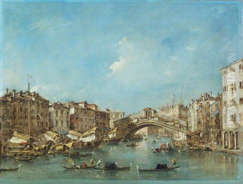 the Grand Canal with the Riva del Vin and the Rialto Bridge Oil Painting by Francesco Guardi
