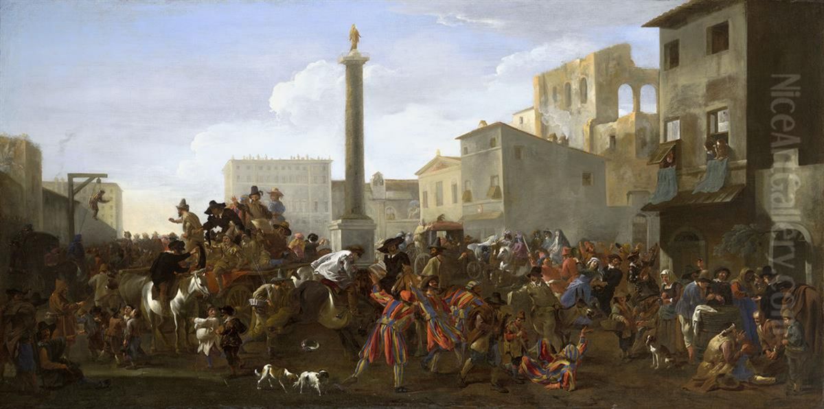 Carnival in the Piazza Colonna, Rome Oil Painting by Jan Miel