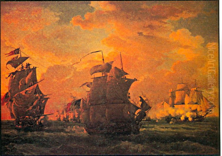 Combat de la Canonniere contre le Tremendous, 1806 Oil Painting by Louis-Philippe Crepin