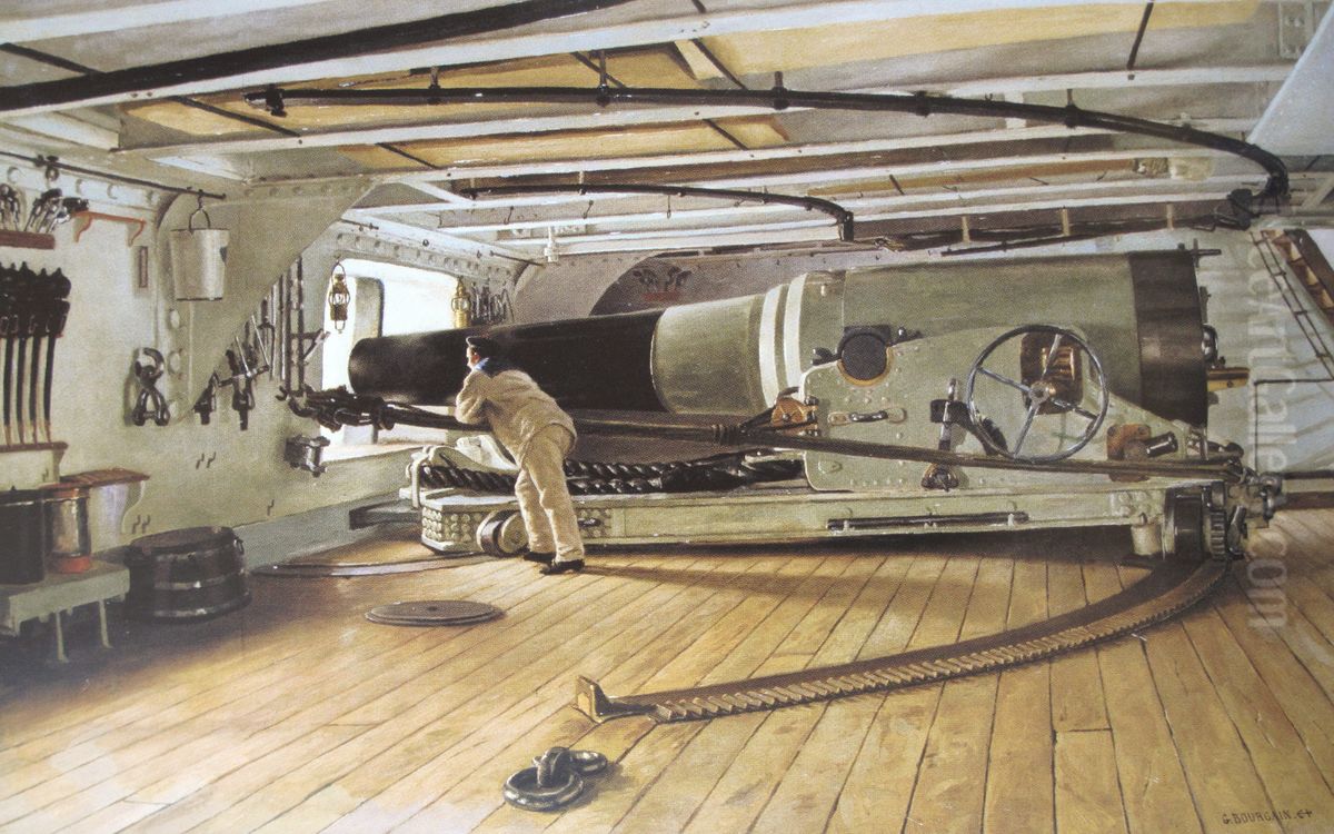 Piece de 27 dans le reduit d'un cuirasse type Colbert vers 1885 Oil Painting by Gustave Bourgain