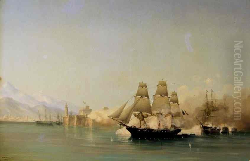 Bombardement de St Jean d'Ulloa, 1838 Oil Painting by Cheri-Francois-Marguerite Dubreuil