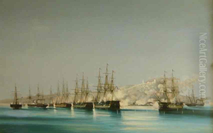 Bombardement de Tanger, 1844 Oil Painting by Cheri-Francois-Marguerite Dubreuil