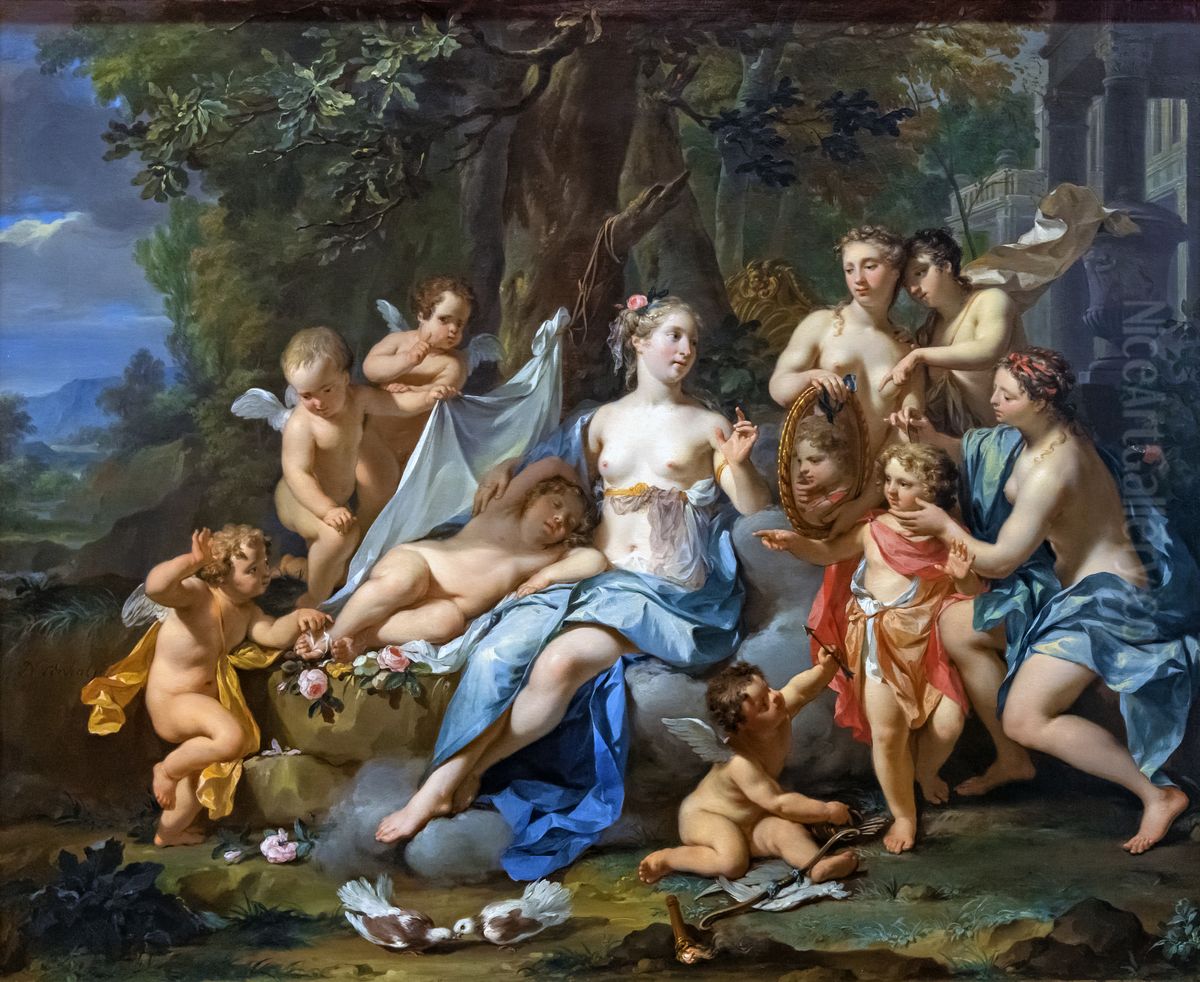 The love asleep near VenusFrancais:L'amour endormi aupres de VenusItaliano:L'amore addormentato vicino a Venere Oil Painting by Nikolaas Verkolje