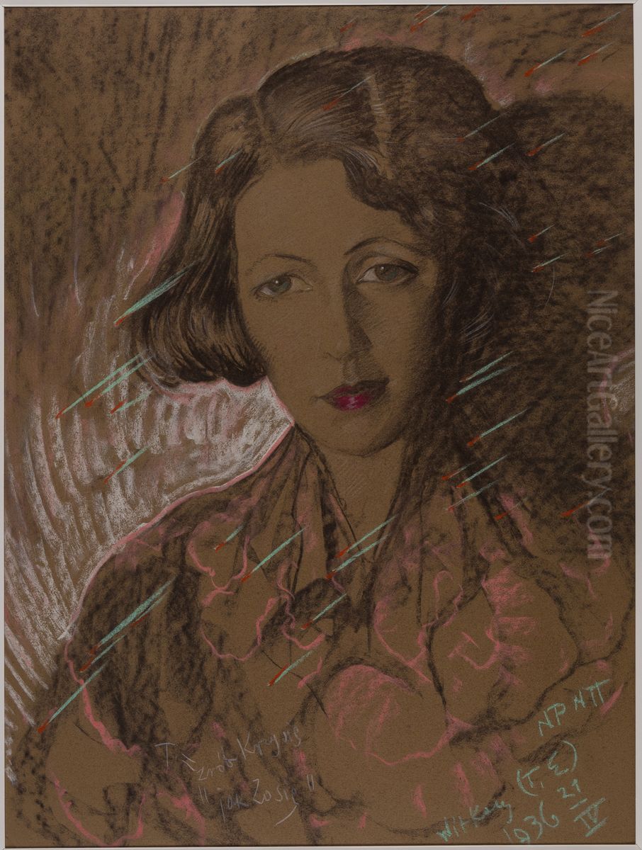 Asymetryczna Dama - Portret Eugenii Wyszomirskiej-Kuznickiej - Zrob Krysie jak Zosie Oil Painting by Stanislaw Ignacy Witkiewicz (Witkacy)