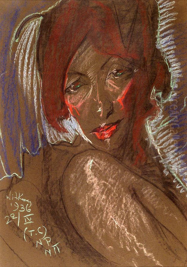 Asymmetric Lady - Portrait of Eugenia Wyszomirska-Kuznicka - With the knee under the chin Oil Painting by Stanislaw Ignacy Witkiewicz (Witkacy)
