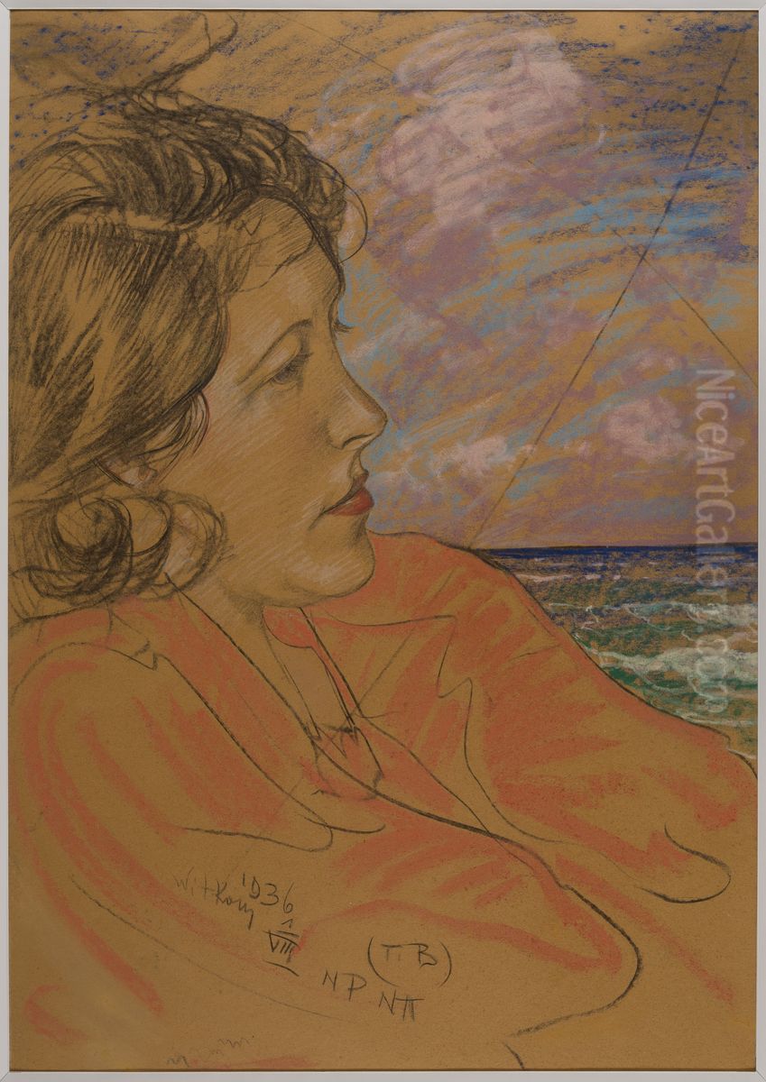 Asymmetric Lady - Portrait of Eugenia Wyszomirska-Kuznicka - with a seascape Oil Painting by Stanislaw Ignacy Witkiewicz (Witkacy)
