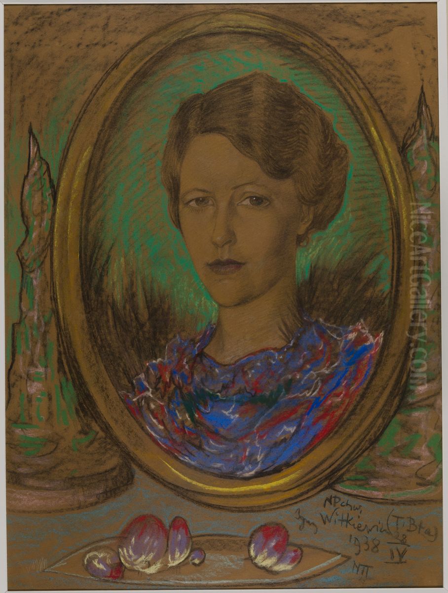 Asymmetric Lady - Portrait of Eugenia Wyszomirska-Kuznicka - In the mirror Oil Painting by Stanislaw Ignacy Witkiewicz (Witkacy)