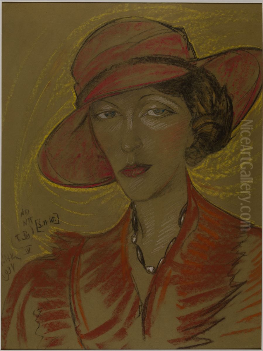 Asymetryczna Dama - Portret Eugenii Wyszomirskiej-Kuznickiej - Czerwony kapelusz Oil Painting by Stanislaw Ignacy Witkiewicz (Witkacy)