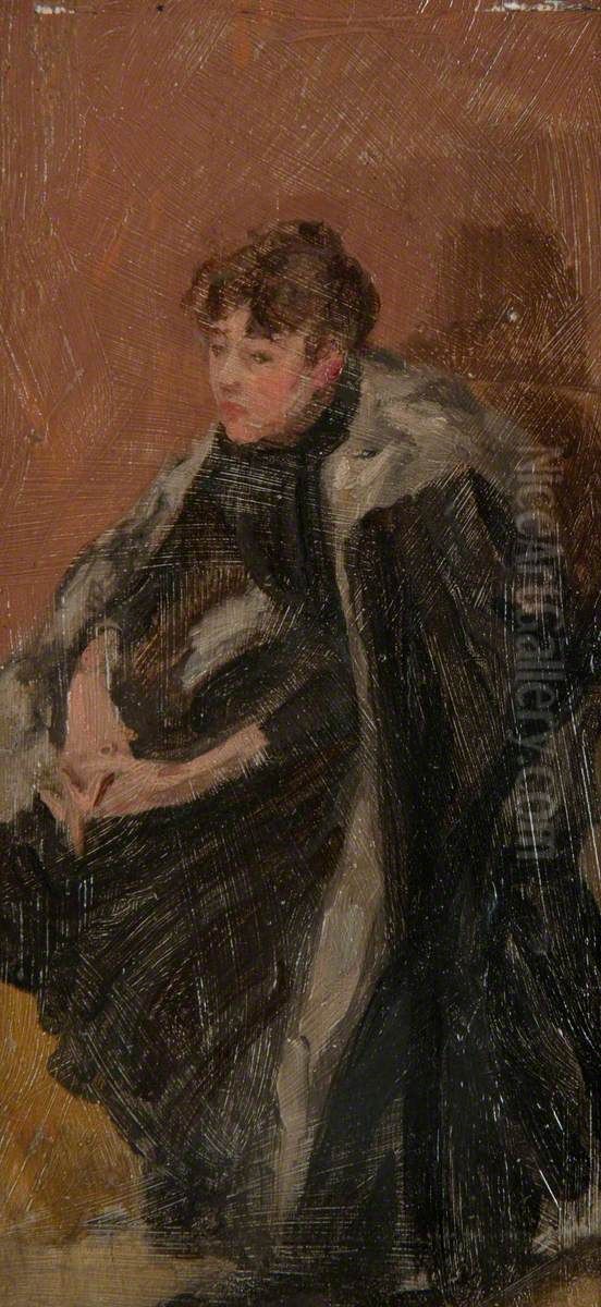 Seated girl in a fur-trimmed cape with crossed hands Oil Painting by Beatrice Whistler